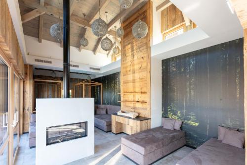 ein Wohnzimmer mit einem Kamin und Sofas in der Unterkunft Almresort Baumschlagerberg in Vorderstoder