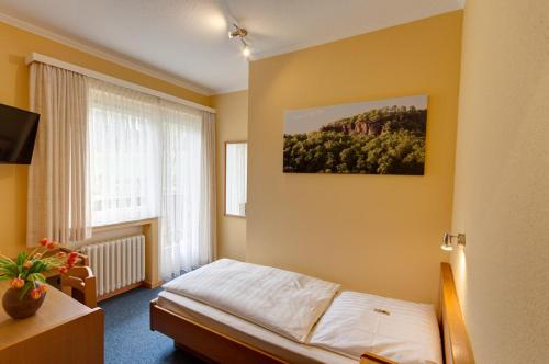 a hotel room with a bed and a window at Hotel Papp-Mühle in Zersen