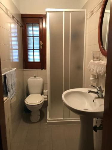 een badkamer met een toilet, een wastafel en een douche bij La casa di Fausto in Cesarò