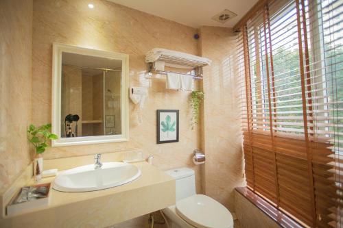 a bathroom with a sink and a toilet and a mirror at Dinh Hotel in Hanoi