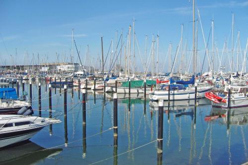 ダンプにある_ viel Platz fuer Ihren Urlaubの港にたくさんの船が停泊している