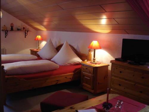 ein Schlafzimmer mit einem Bett mit Kissen und einem TV in der Unterkunft Ferienhotel Münch in Neukirchen beim Heiligen Blut