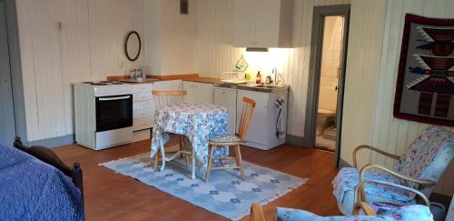 a kitchen with a table and chairs in a room at Stockholm B&B Cottage in Nacka