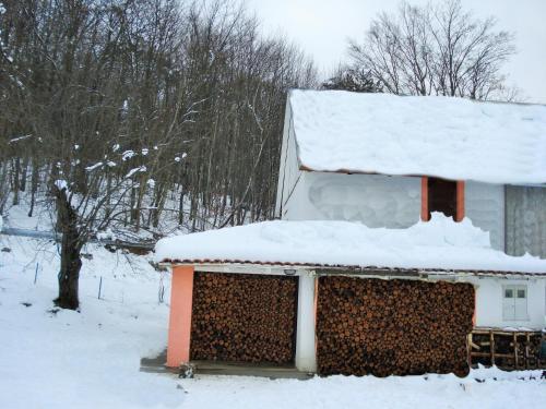 a house with a pile of snow on top of it at Holiday House Trnovac in Trnovdc
