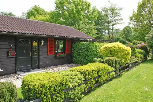 ダンプにあるBlockhaus mit W LAN sehr strandnahの黒い扉と茂みのある家
