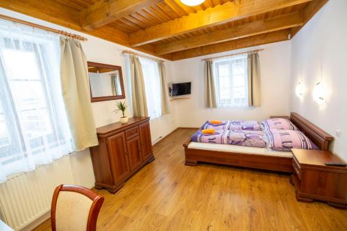 a bedroom with a bed and a desk and windows at Zevlův mlýn in Nové Hrady