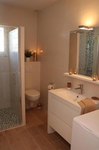 uma casa de banho com um lavatório, um WC e um espelho. em Léa de Paris em Noisy-le-Grand