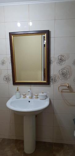 a bathroom with a white sink and a mirror at Casa Alina in Arpaşu de Sus