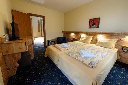a hotel room with a bed and a television at Kap House Family Hotel in Bansko