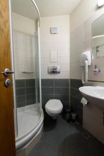 a bathroom with a toilet and a sink at Kap House Family Hotel in Bansko