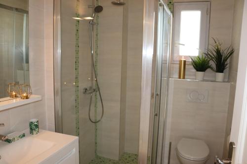 a bathroom with a shower with a toilet and a sink at Léa de Paris in Noisy-le-Grand