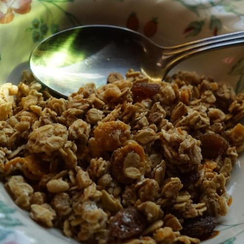 Un tazón de granola con una cuchara. en Auberge de la Perdrix, en Hauterive-la-Fresse