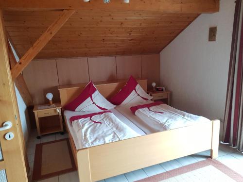 a bed with red pillows in a small room at Ferienwohnungen Grill in Schönberg