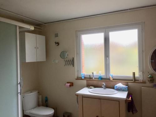 シャルネ・レ・マコンにあるChambre avec vue sur jardinのバスルーム(トイレ、洗面台付)、窓が備わります。