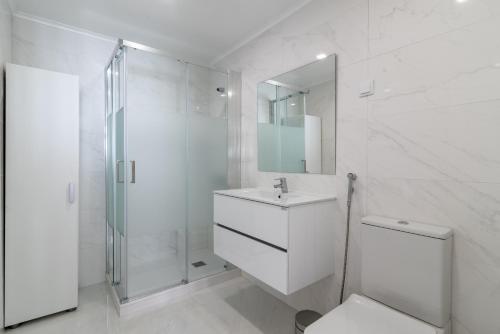 リスボンにあるLisbon Barão, Alameda Duplex Entire Apartmentの白いバスルーム(トイレ、シャワー付)