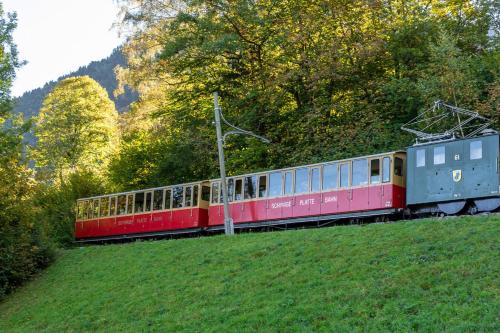 a red and yellow train traveling down the tracks at Chalet Wäschhüsli near Interlaken, Grindelwald and Lauterbrunnen in Gsteigwiler