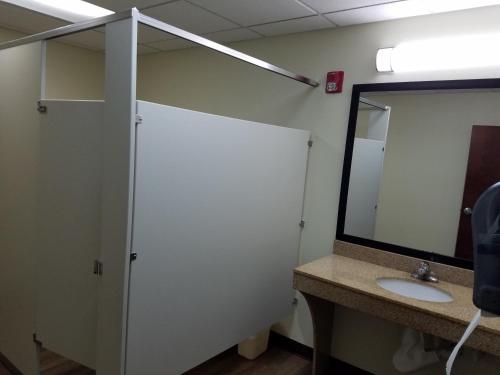 a bathroom with a sink and a mirror at Baymont by Wyndham Grovetown Augusta in Augusta