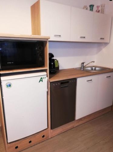 eine Küche mit einer Mikrowelle und einem Geschirrspüler in der Unterkunft Fam. Graf Privatzimmervermietung in Weitra