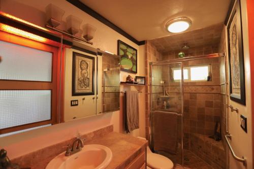 uma casa de banho com um lavatório e um chuveiro em Kaza Kokos em Oceanside