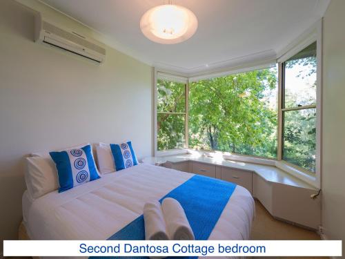 a bedroom with a bed and a large window at Dantosa Blue Mountains Retreat in Katoomba