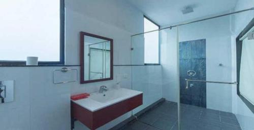 a bathroom with a sink and a mirror and a shower at Red sparrow in Munnar