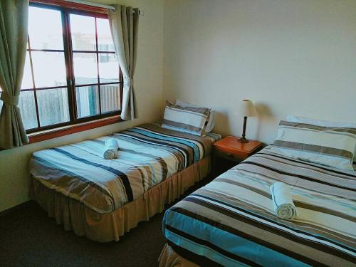 two beds in a room with a window at Baudins Accommodation in Naracoopa