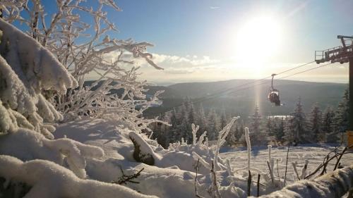 a ski lift is covered in snow with trees at Landhaus Preißinger in Warmensteinach