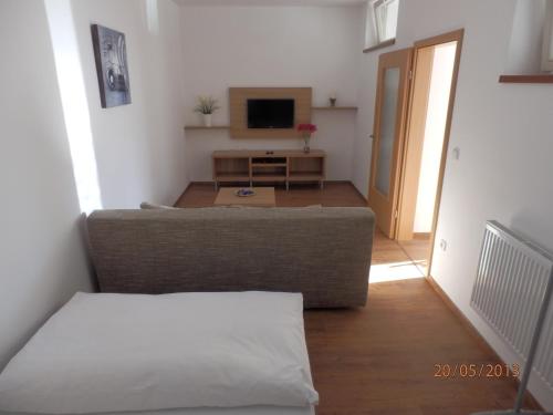 a living room with a couch and a television at Penzion Linhart in Poděbrady
