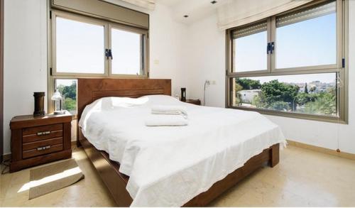 una camera con un grande letto e due finestre di Holiday Raanana Apartments a Ra'anana