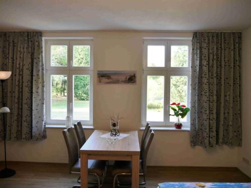 a dining room with a table and two windows at Villa Parkhaus in Wernigerode