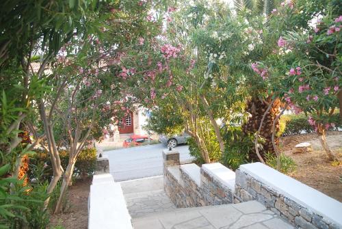 a garden with a bench and trees and pink flowers at Anthemis Hotel Apartments in Samos
