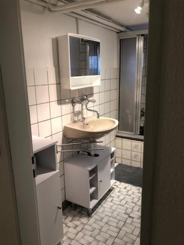 bagno con lavandino e specchio di Monteurzimmer Rodenbach a Rodenbach