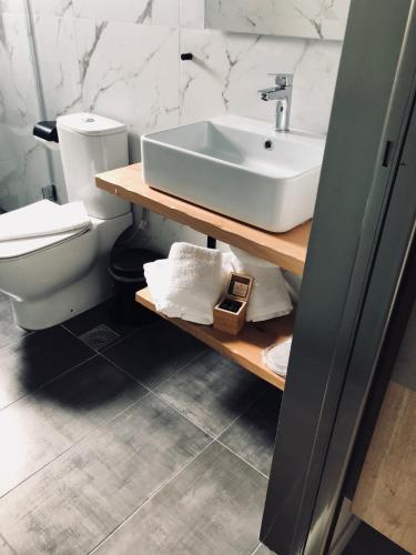 a bathroom with a sink and a toilet at CHROMA FASHION ROOMS & APARTMENTS in Athens