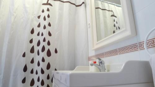 een badkamer met een wastafel, een spiegel en een douchegordijn bij Lagunilla Rural in Fuente de Piedra