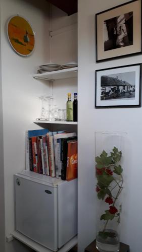 a book shelf with books and a vase with a plant at Finisterre in Saaxumhuizen