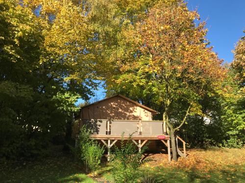 a small shed in a field next to a tree at Camping Du Perche Bellemois in Bellême