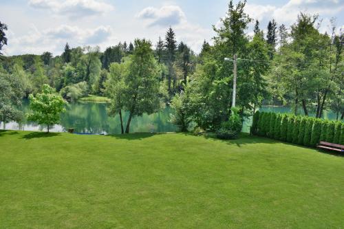 a large lawn with a lake in the background at Apartment Mrežnička kuća in Duga Resa