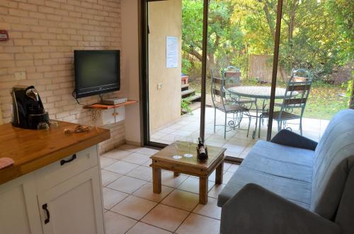 a living room with a couch and a tv and a patio at Vitrage Holiday Village and Spa in Bet Hillel
