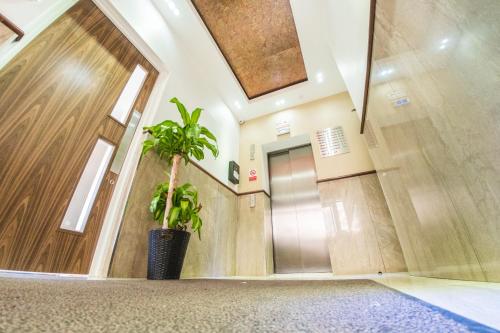 a hallway with a door and a potted plant at Ilford Tower Apartments in Ilford