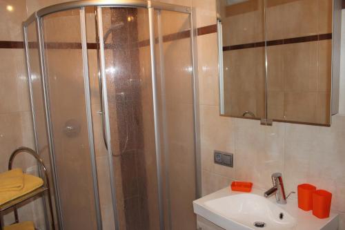 a bathroom with a shower and a sink and a sink at Haus Markus in Fügen