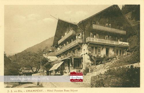 an old picture of a house on a mountain at Boutique Hotel Beau-Séjour & Spa Superior in Champéry