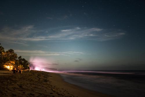 a beach at night with a starry sky and the ocean at Los Hermanos Beach Hostal in Guachaca