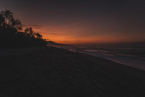 a sunset on a beach with trees and the ocean at Los Hermanos Beach Hostal in Guachaca