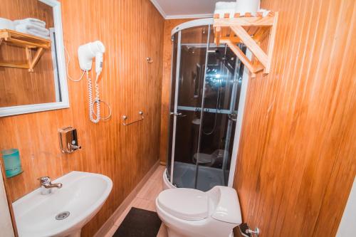 a bathroom with a shower and a toilet and a sink at Hostal Chalet Las Violetas in Punta Arenas