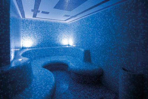 a blue bathroom with a tub in a blue room at Hotel Atena Wedding, Business & Spa in Ciechanów