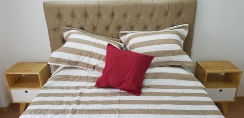 1 cama con 2 almohadas rojas y 2 mesas en Recoleta Unique agüero apartments en Buenos Aires