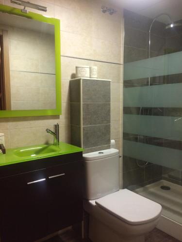 a bathroom with a toilet and a sink and a mirror at Apartamento Rural San Jorge Bajo in Navaconcejo