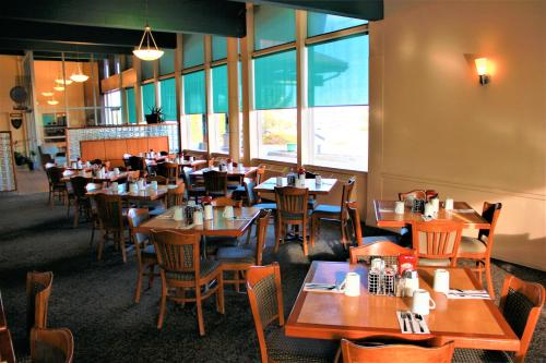 a restaurant with wooden tables and chairs and windows at Coronet Hotel in Prince Albert