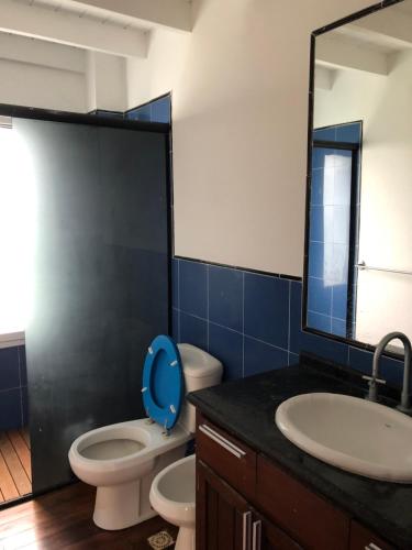 un bagno con un water, un lavandino e uno specchio di Las grutas Punta del este a Punta del Este