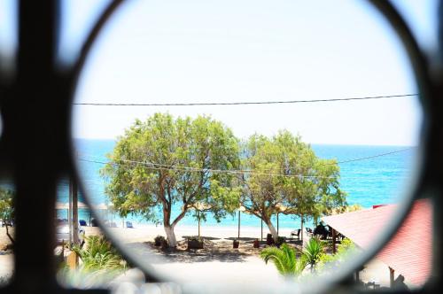 a view of a beach from a window with trees at Panagiota Apartments in Mavrovoúnion
